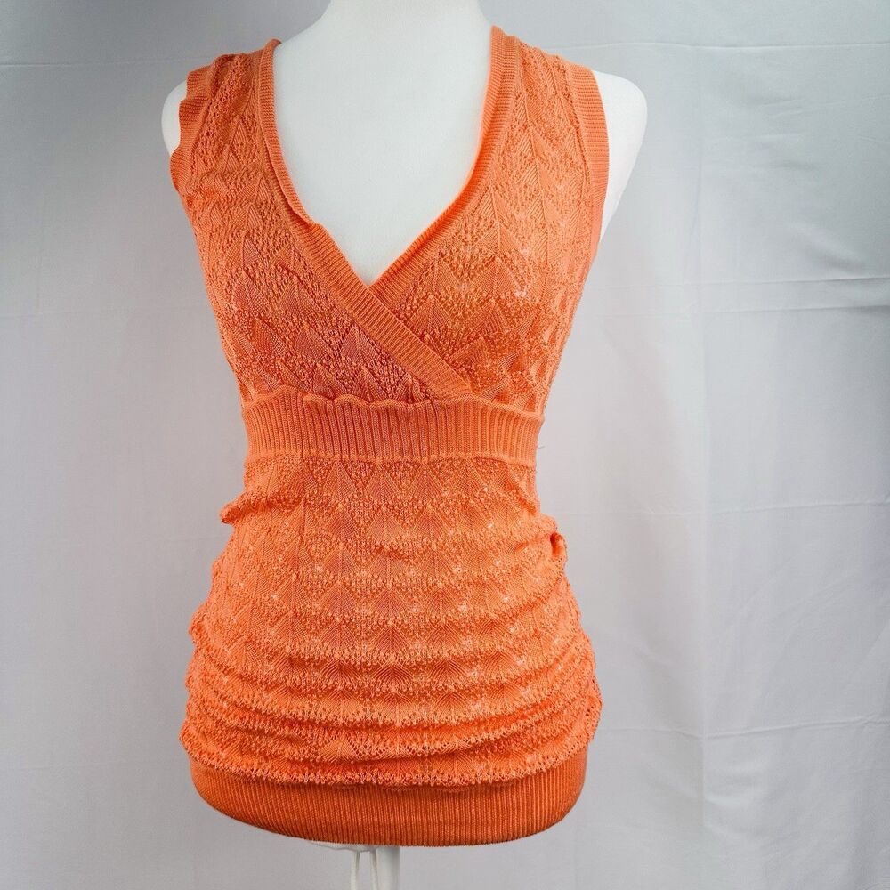 CACHE Y2K Women Orange Knit  Babydoll Tunic Top V-Neck Textured Tiered Crochet S